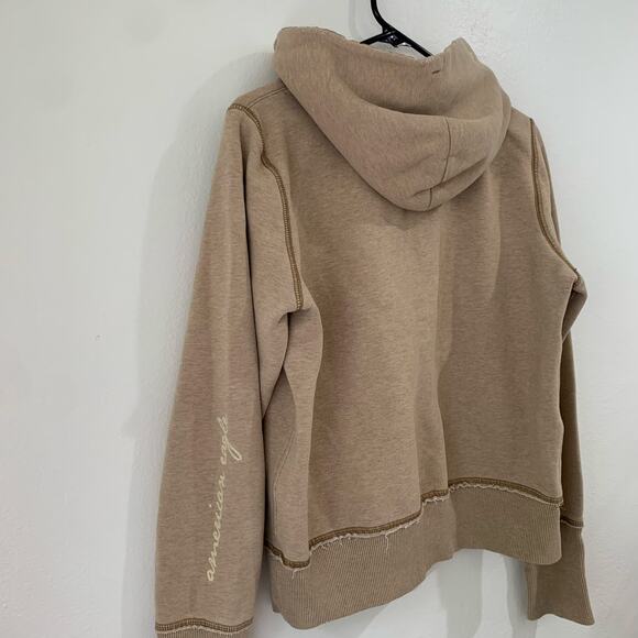 VTG Y2K American Eagle Womens Large Graphic Hoodie Pullover Tan Raw Edges Henley - Picture 5 of 15